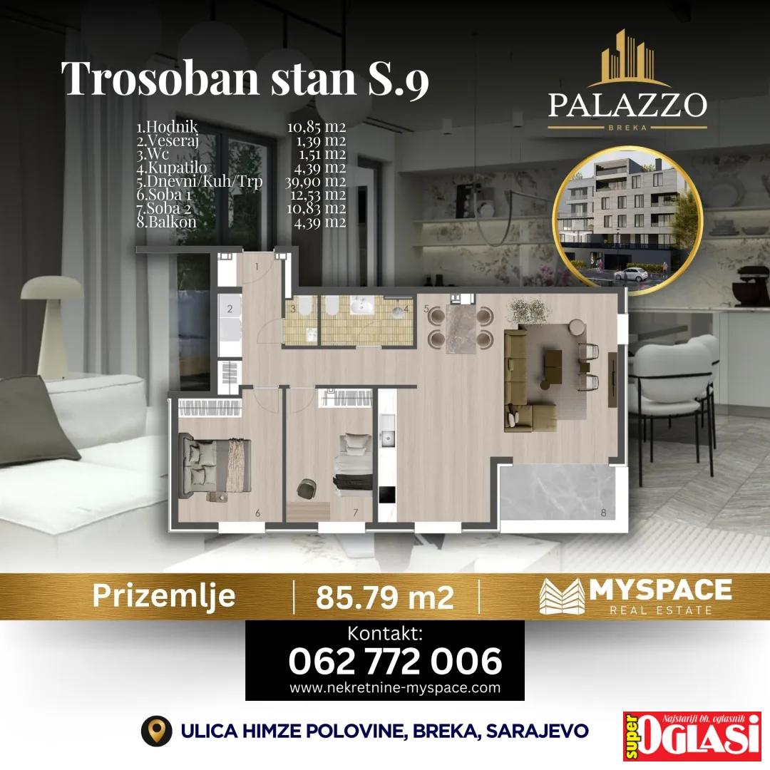 Trosoban stan u novogradnji Palazzo Breka, 86m2, stan, površina 86m2