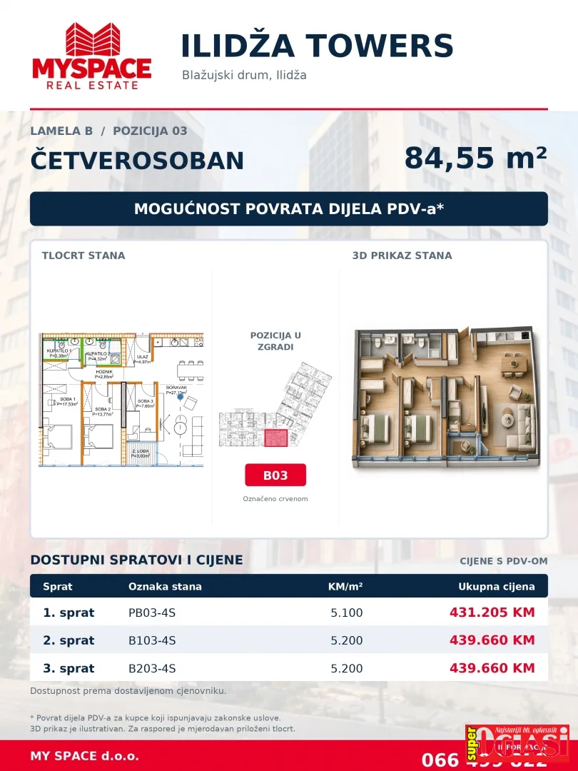 Četverosoban stan u novogradnji Ilidža Towers, 84,55 m²